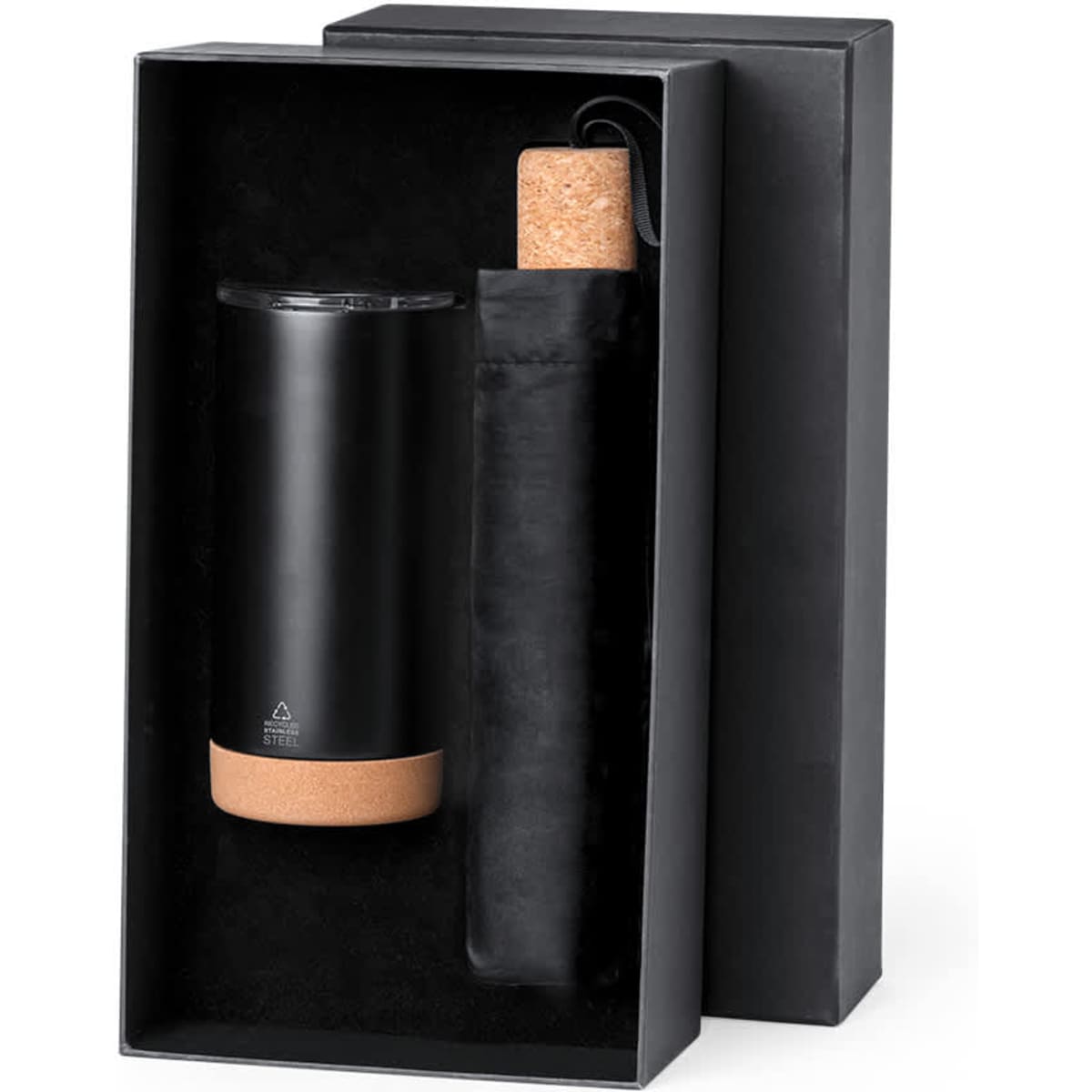 A drink bottle with a black exterior and cork base, presented in a sleek black gift box.