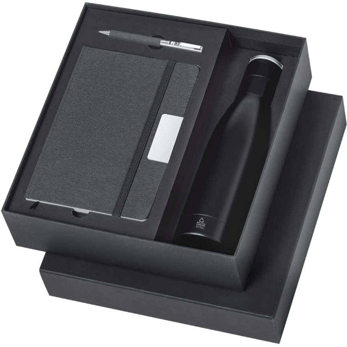 A drink bottle, notebook, and pen set in a sleek black gift box, featuring a logo on the bottle.