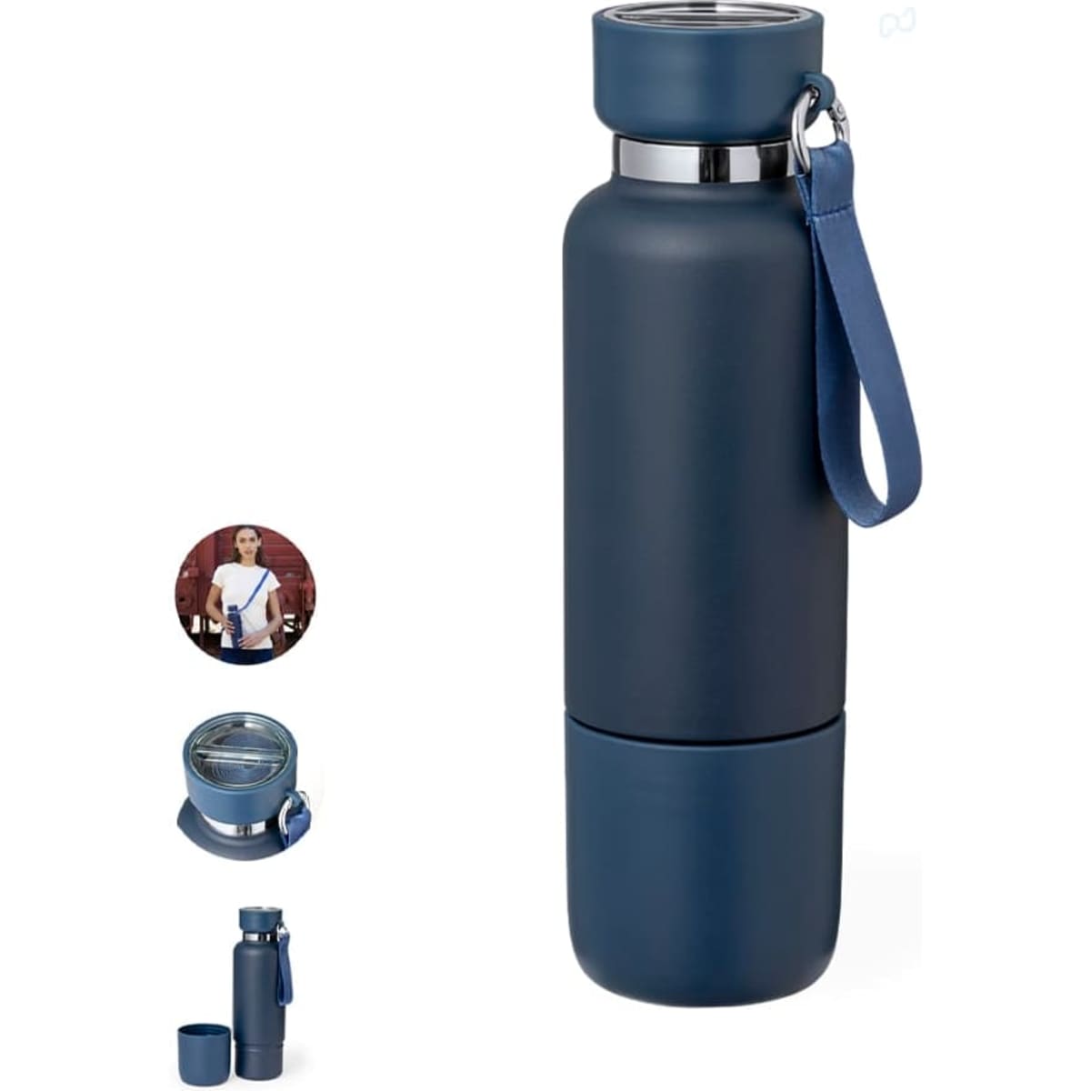 A drink bottle in navy blue with a sleek design, featuring a handle and a logo. It includes a detachable base.