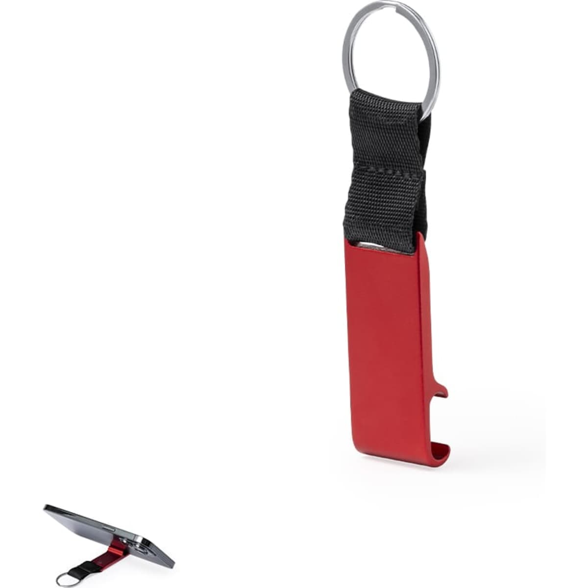 A red keyring with a silver metal ring and a black fabric strap for easy attachment.