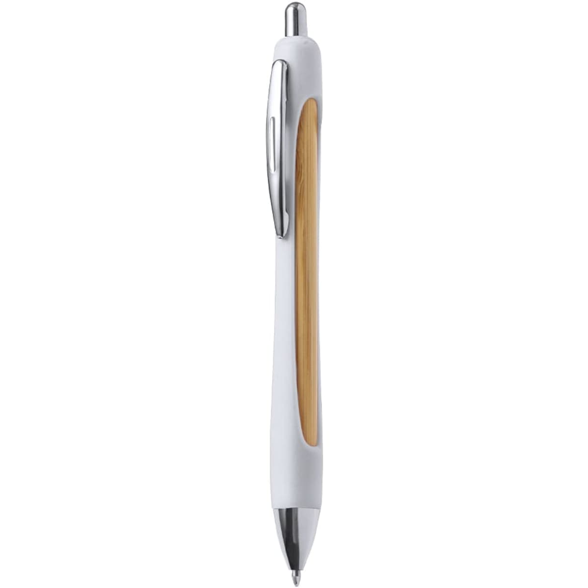 A wooden pen featuring a white plastic body and a bamboo accent, with a chrome clip and nib.