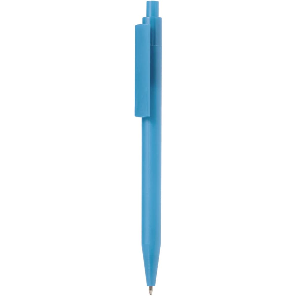 A blue plastic pen with a clip and a rounded tip, featuring a logo on its body.