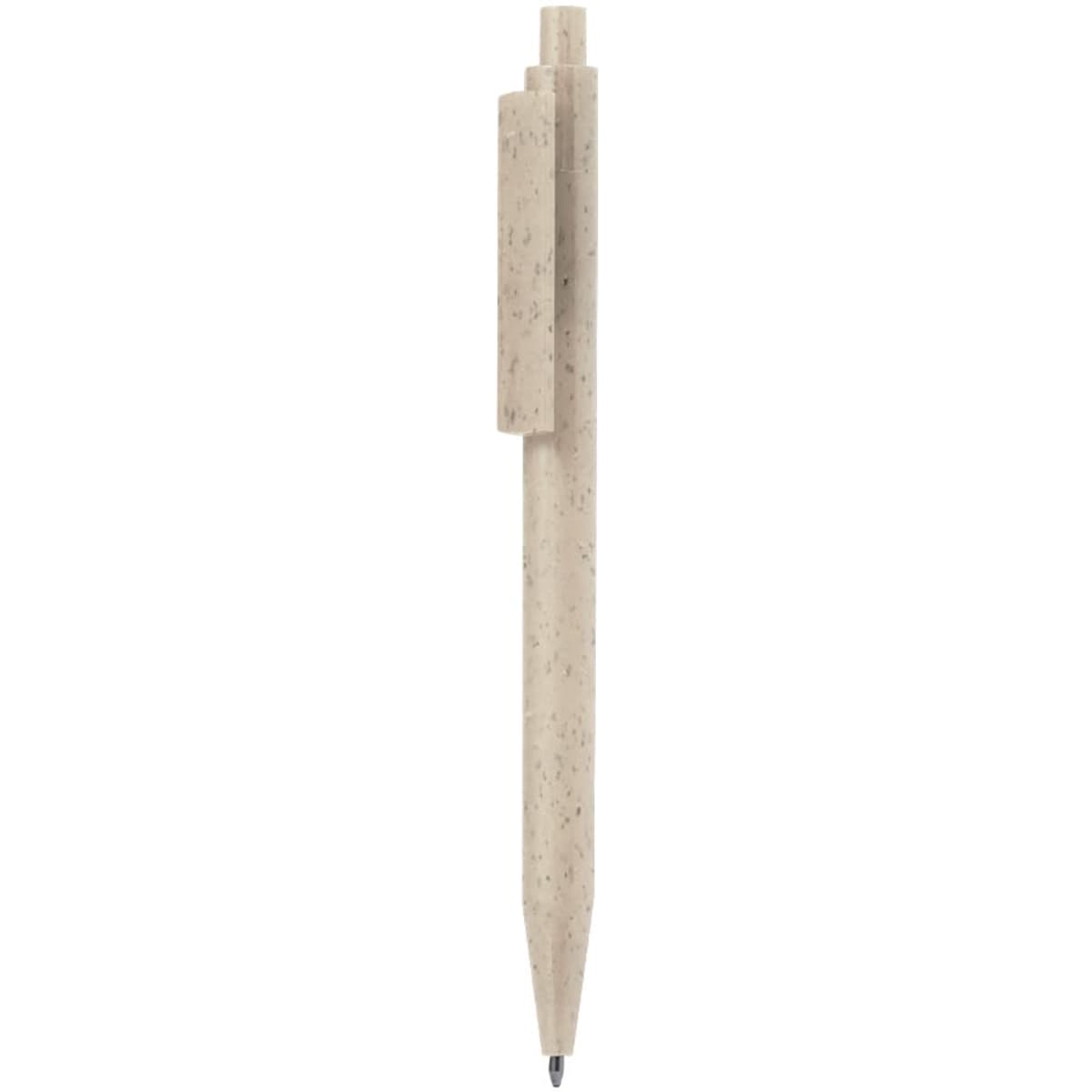 A plastic pen in a light beige colour with a clip and a pointed tip. It features a logo on the body.