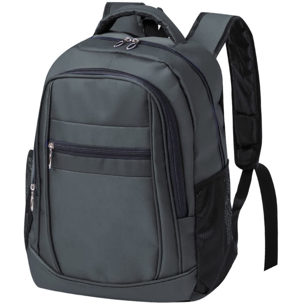 A grey backpack with multiple compartments and a mesh side pocket, featuring padded shoulder straps and a logo.