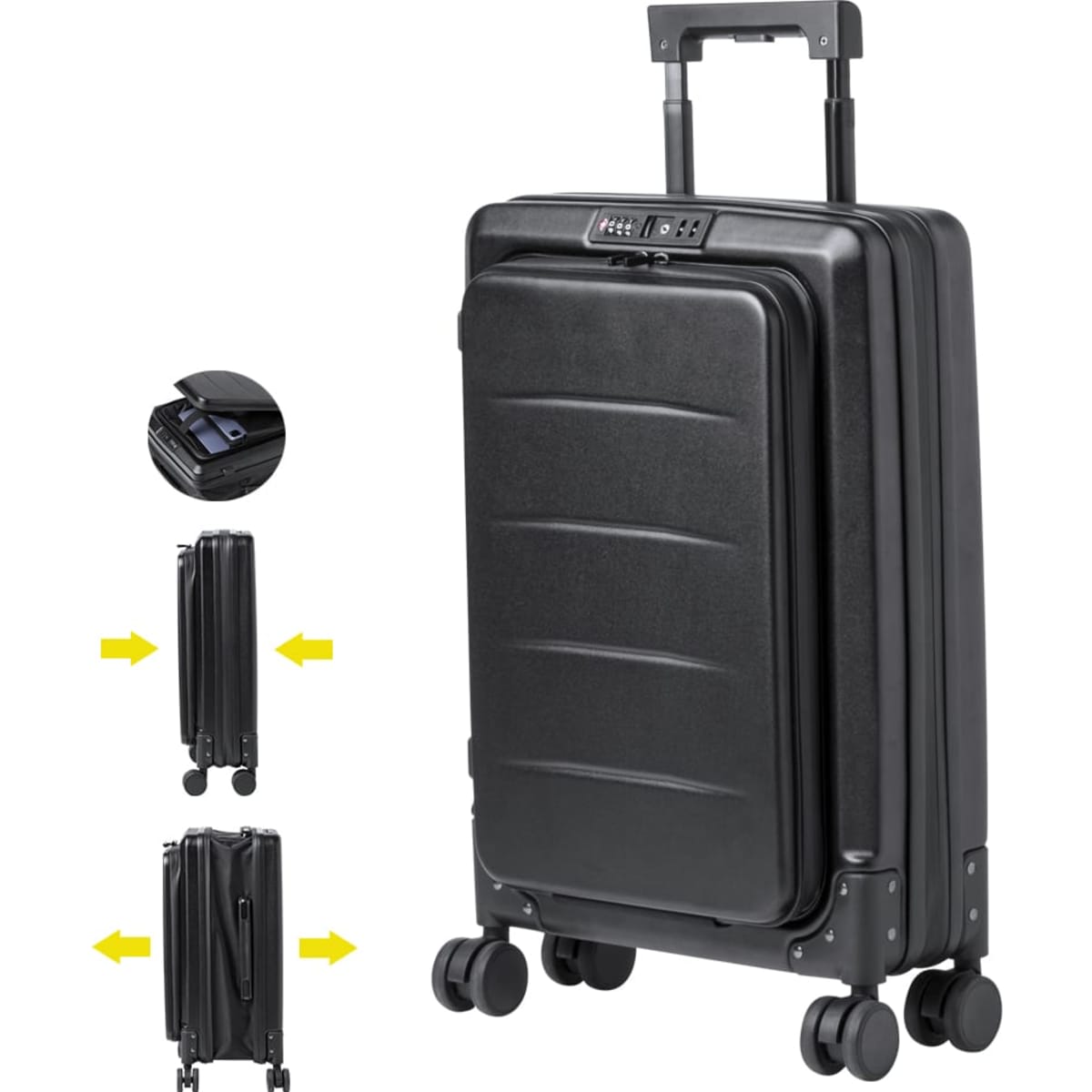 A black wheeled bag with a retractable handle and four wheels, featuring a secure closure and a logo.