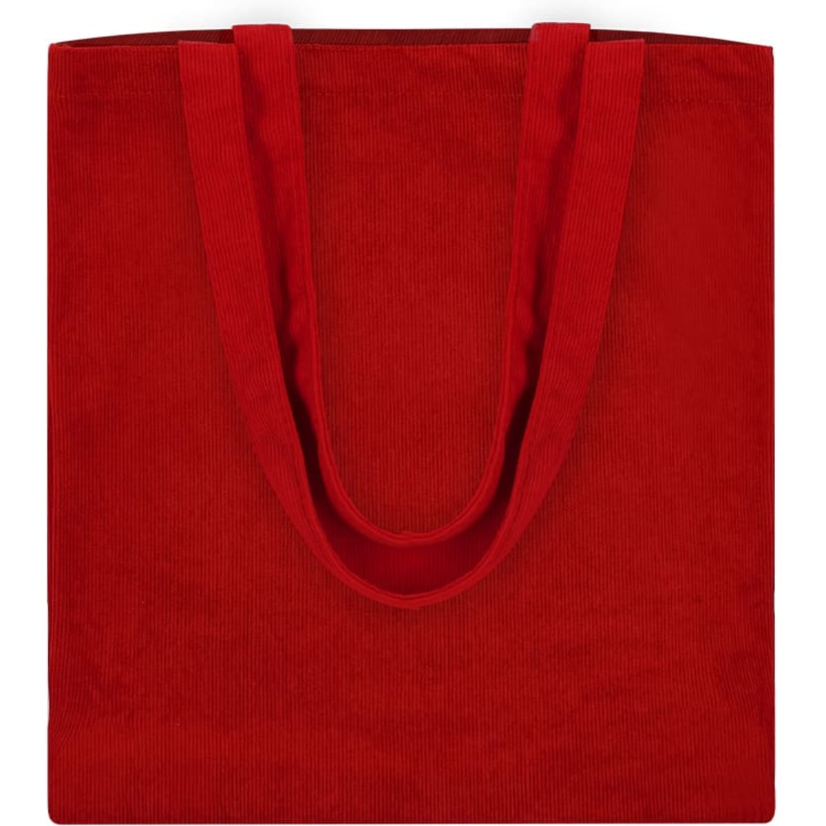 A bright red tote bag with two shoulder straps and a spacious design. Features a logo.