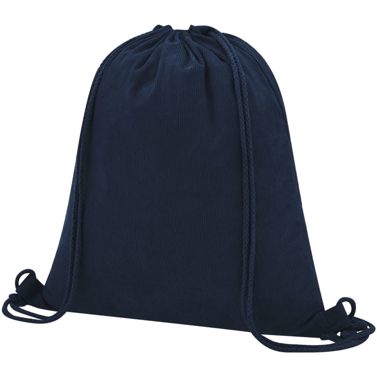 A navy blue drawstring bag with a smooth texture and a logo design. Ideal for casual or gym use.