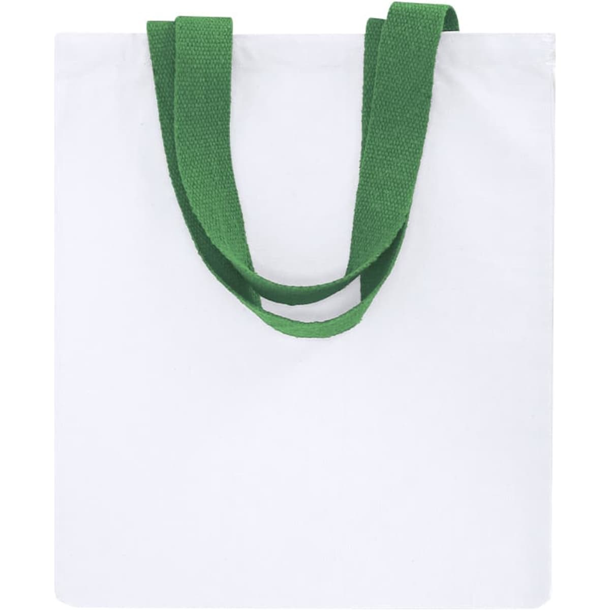 A white tote bag with green straps and a plain design. Features a branding logo.