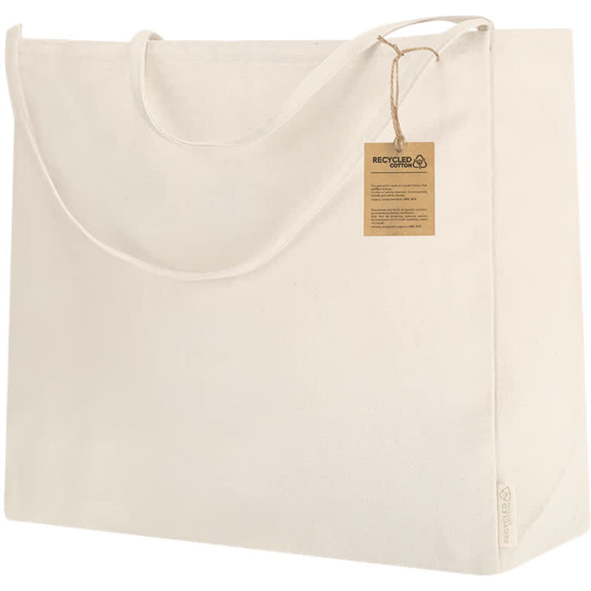 A large cream tote bag made from recycled materials, featuring a tag and a simple design.