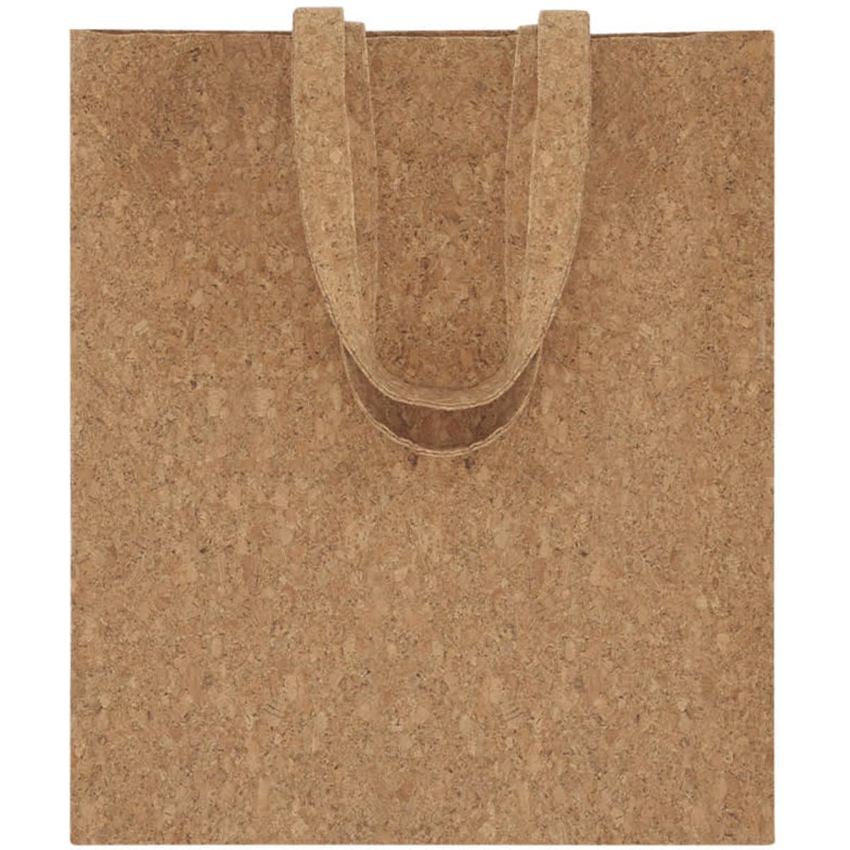 A brown cork tote bag with two handles and a simple design. The bag features a logo.