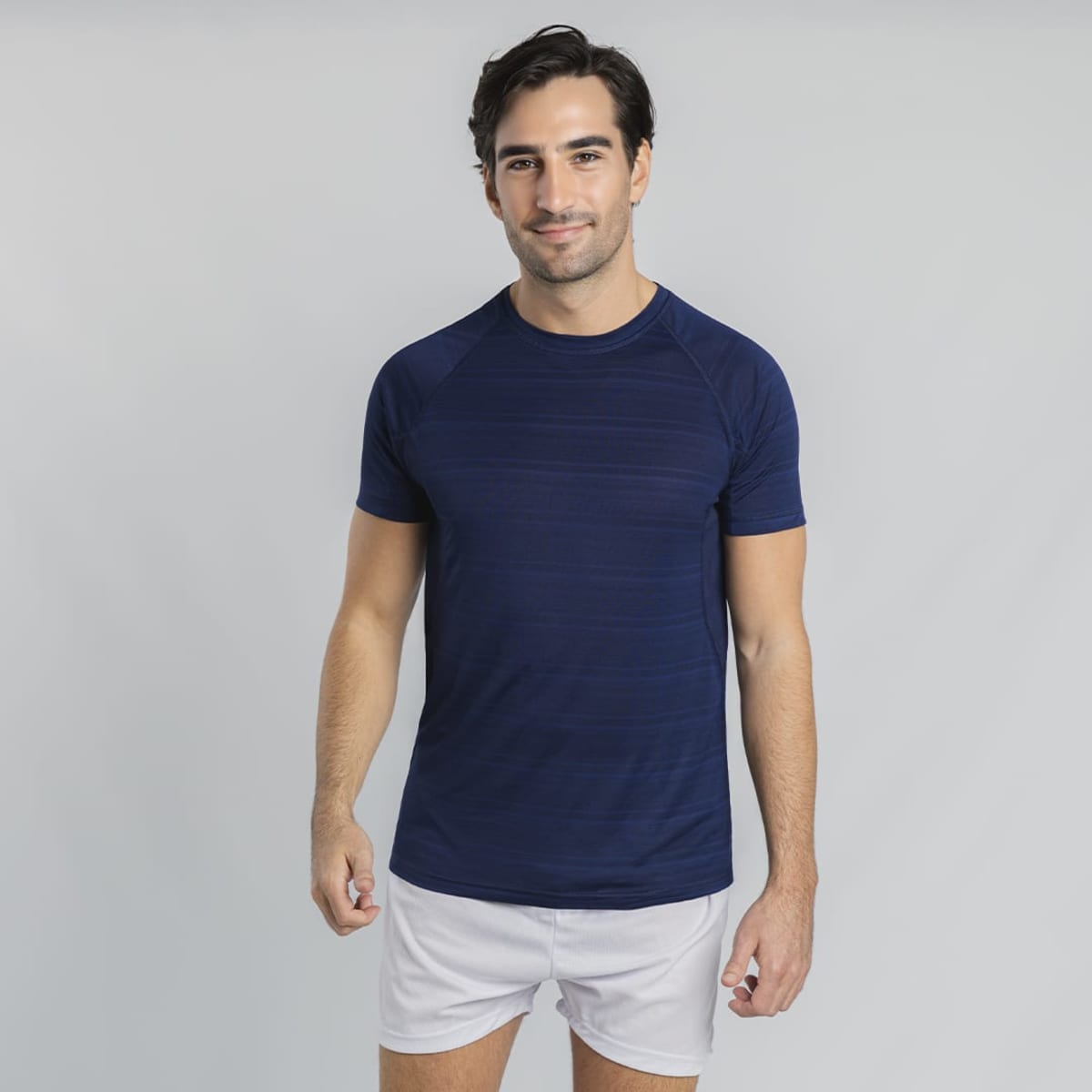 A navy blue short-sleeve T-shirt with a subtle striped pattern and a fitted design, featuring a branding logo.