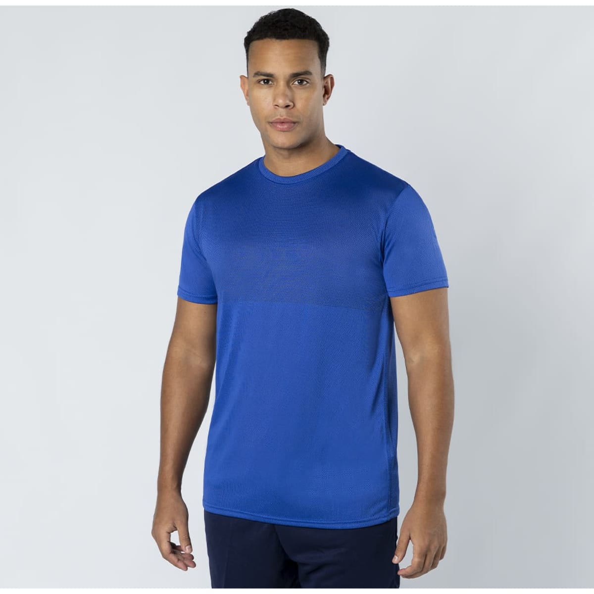 A blue t-shirt with short sleeves and a fitted design, featuring a logo on the front.