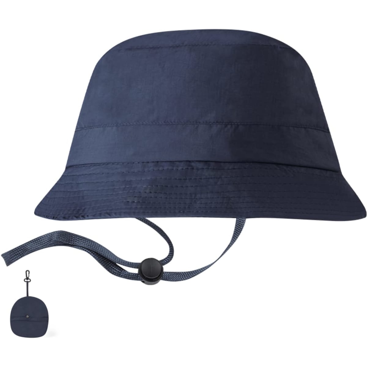 A navy blue bucket hat featuring a strap and a toggle, with a small logo visible.
