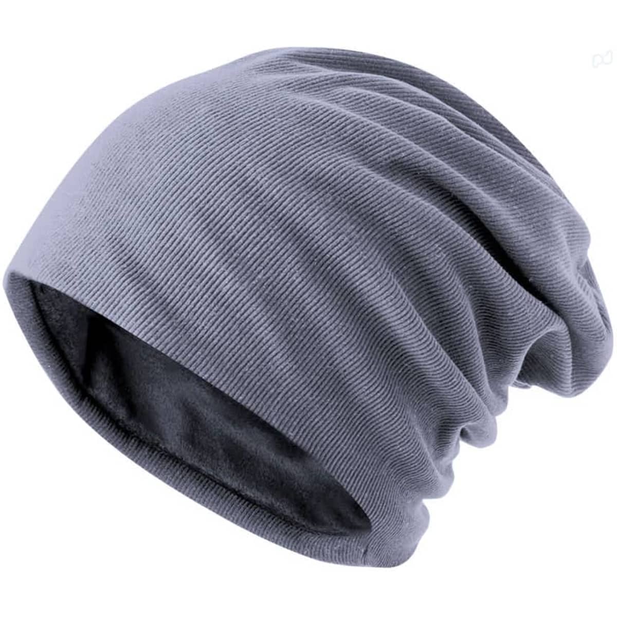 A grey beanie with a loose, slouchy design, featuring a subtle logo on the side.