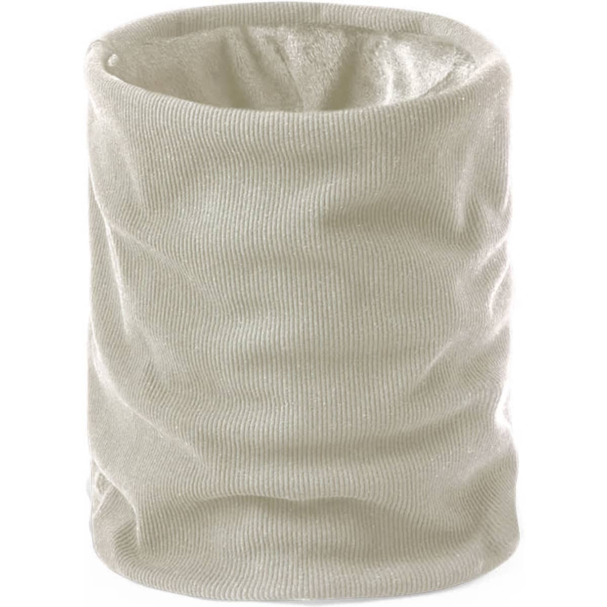 A cream-coloured scarf with a textured, ribbed design, featuring a logo on one side.