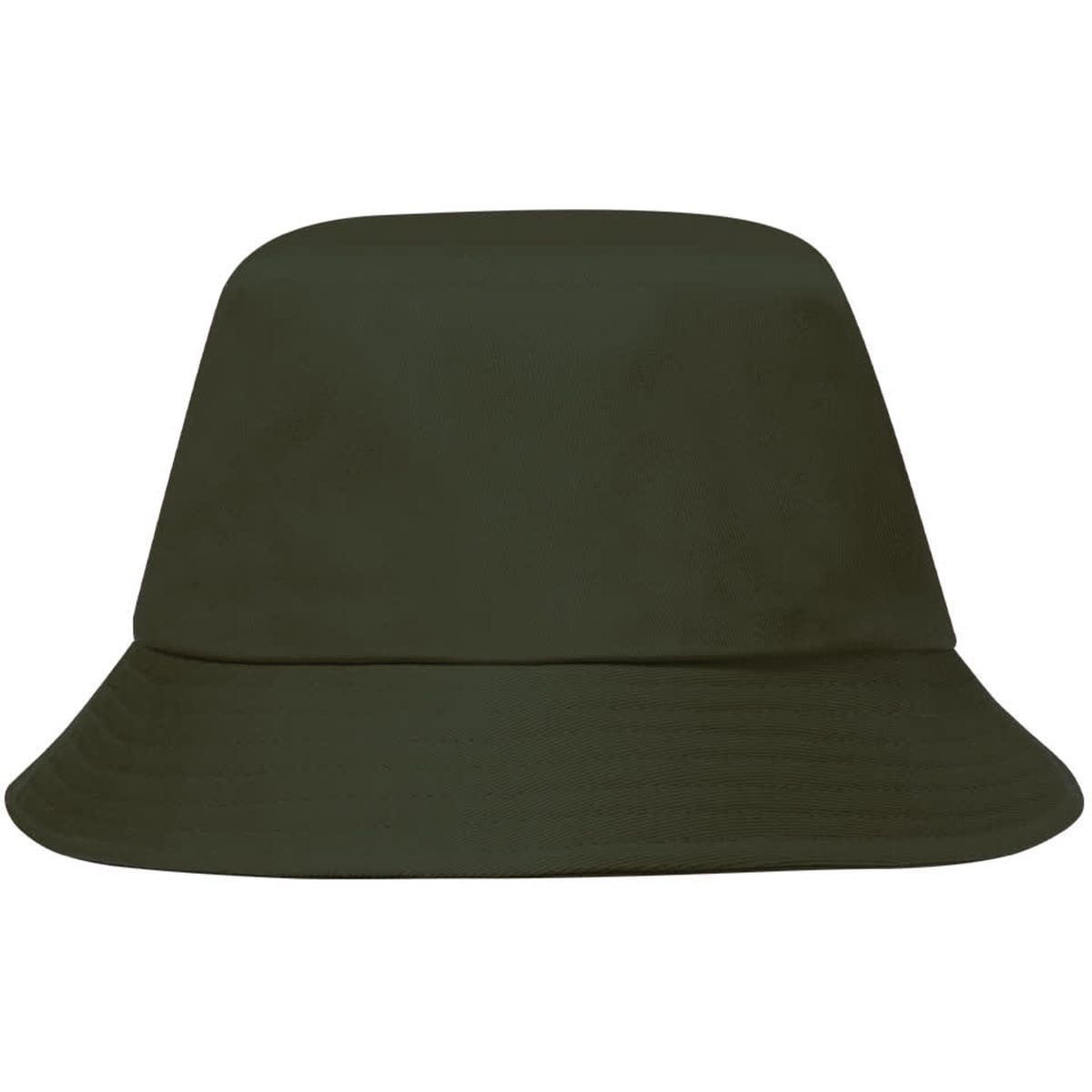 A dark green bucket hat featuring a wide brim and a simple design. It has a logo present.