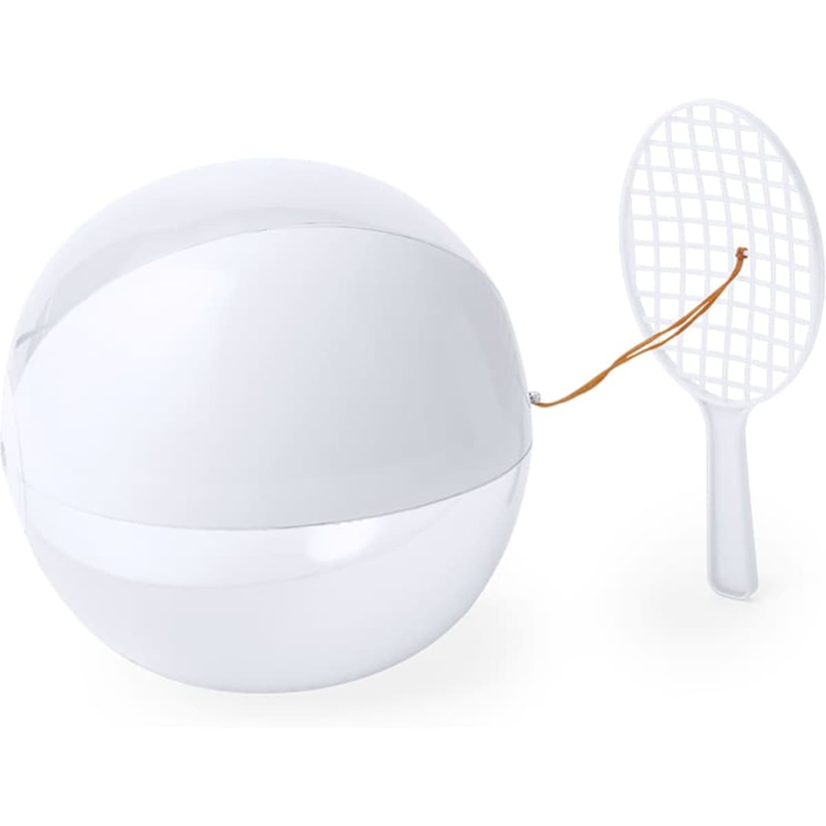 A fun white beach ball with a white paddle attached by a string, featuring a simple grid design.