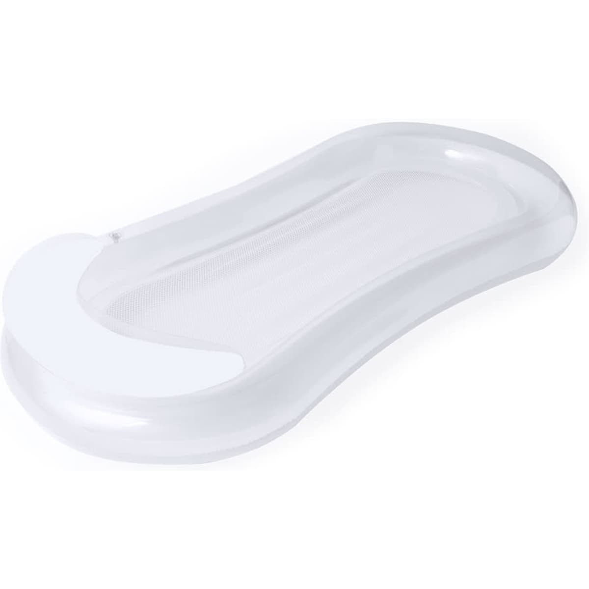 A clear inflatable lounge chair with a smooth, ergonomic design. It features a white accent and has a logo.