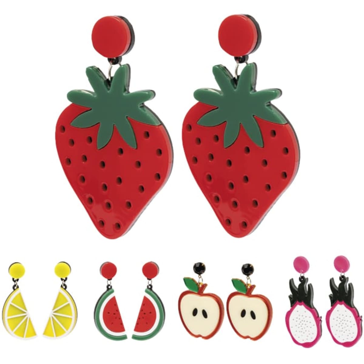 A pair of red strawberry earrings with green accents, accompanied by various fruit-themed earrings including lemons and watermelons.