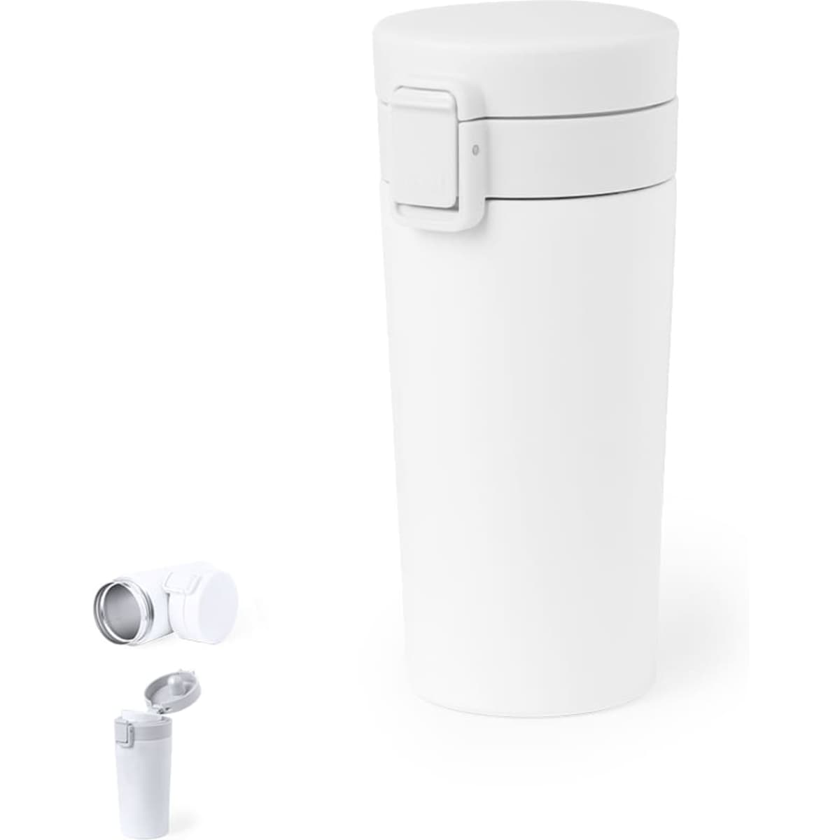 A drink bottle in white, featuring a sleek design and a removable lid, with a logo present.