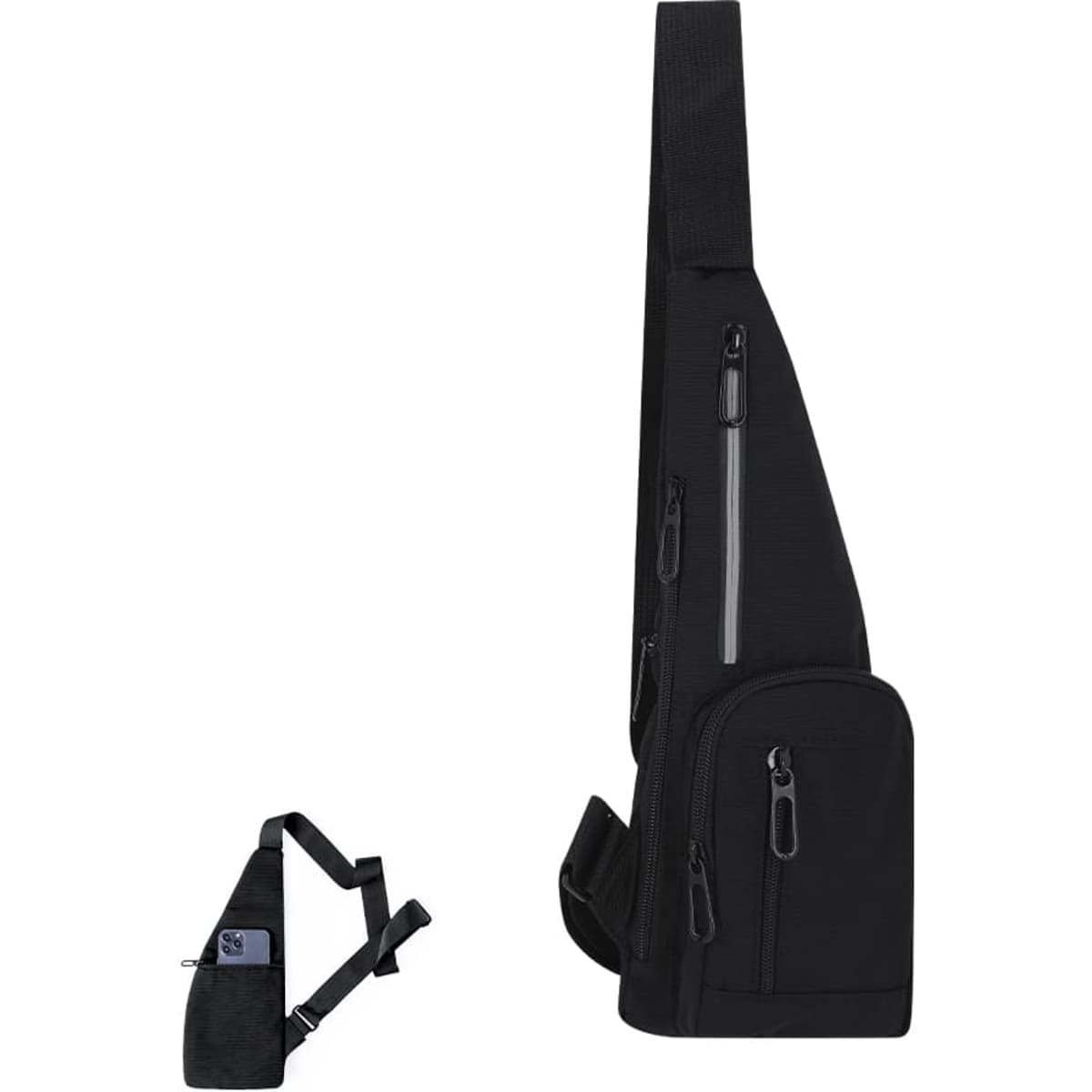A black satchel bag with multiple zippered compartments and an adjustable strap. Features branding on the side.