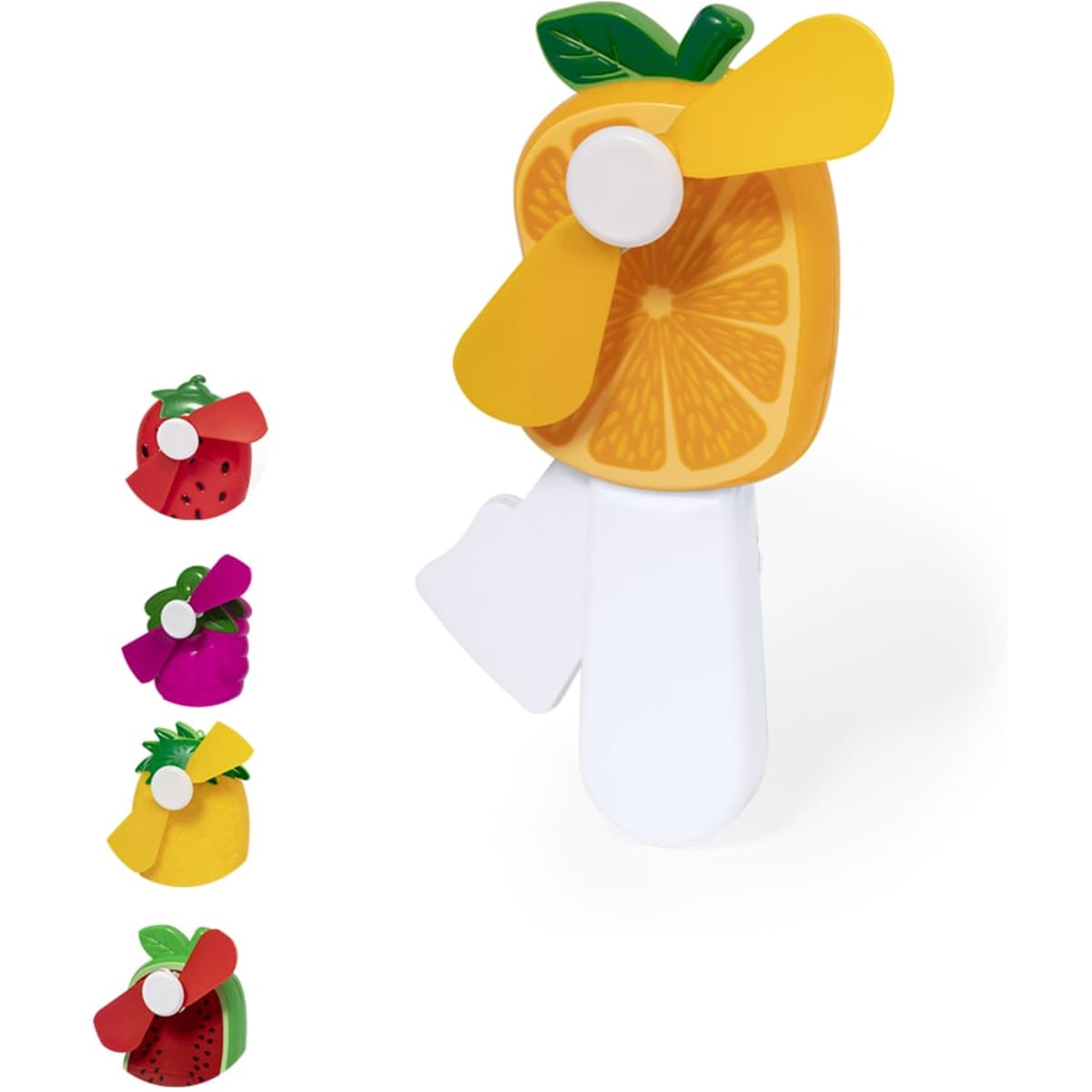 A colourful fruit-themed handheld fan with orange, green, and white components. Includes additional fan colour options.