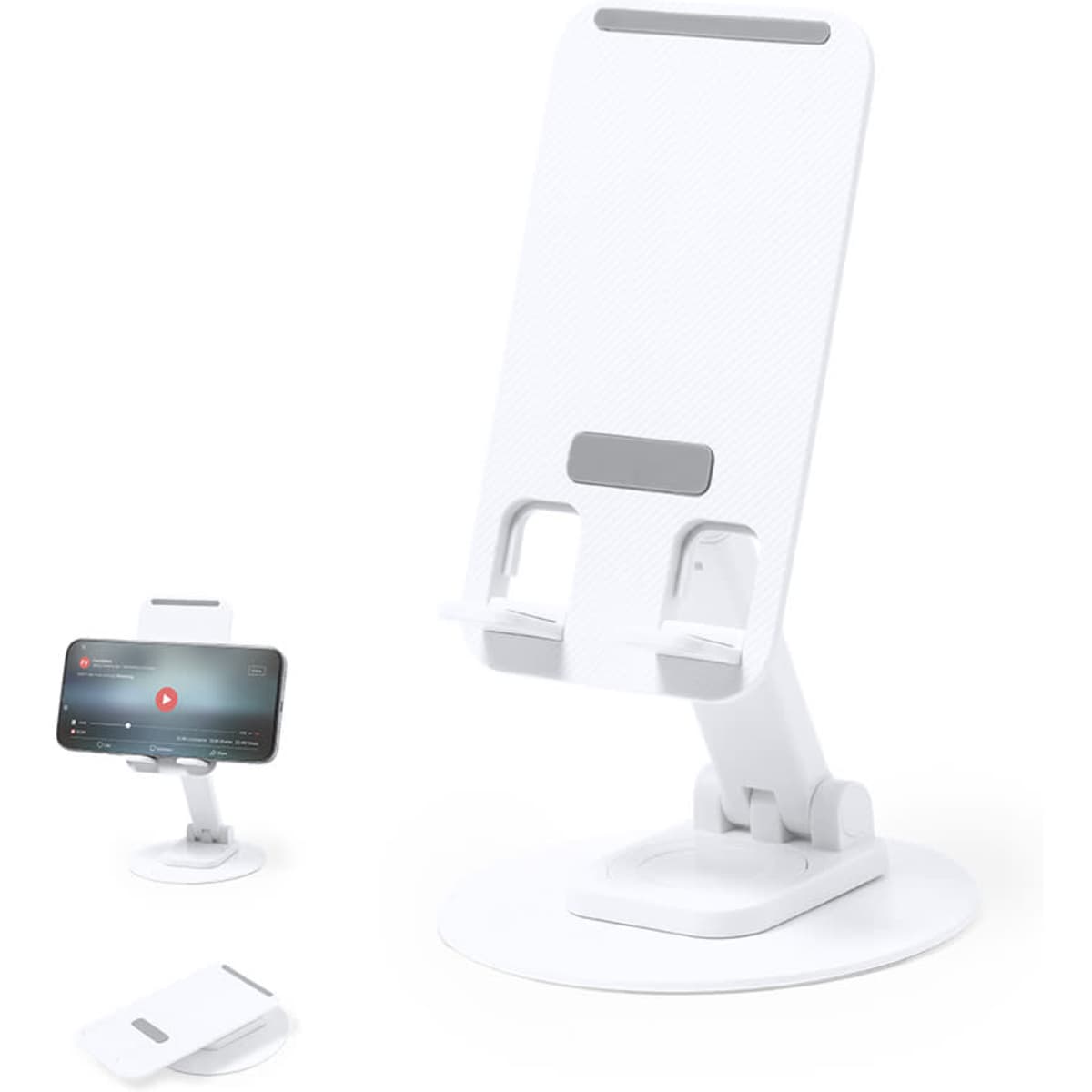 A white phone stand with an adjustable arm and base, designed to hold smartphones securely.