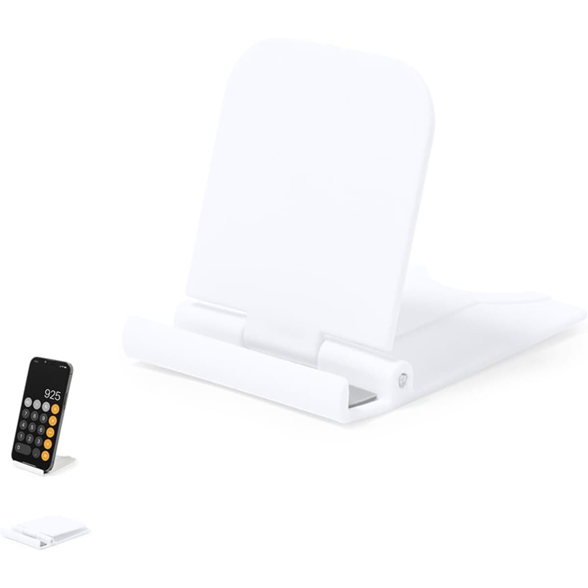 A white phone stand with a sleek design, featuring a logo, displayed alongside a smartphone.