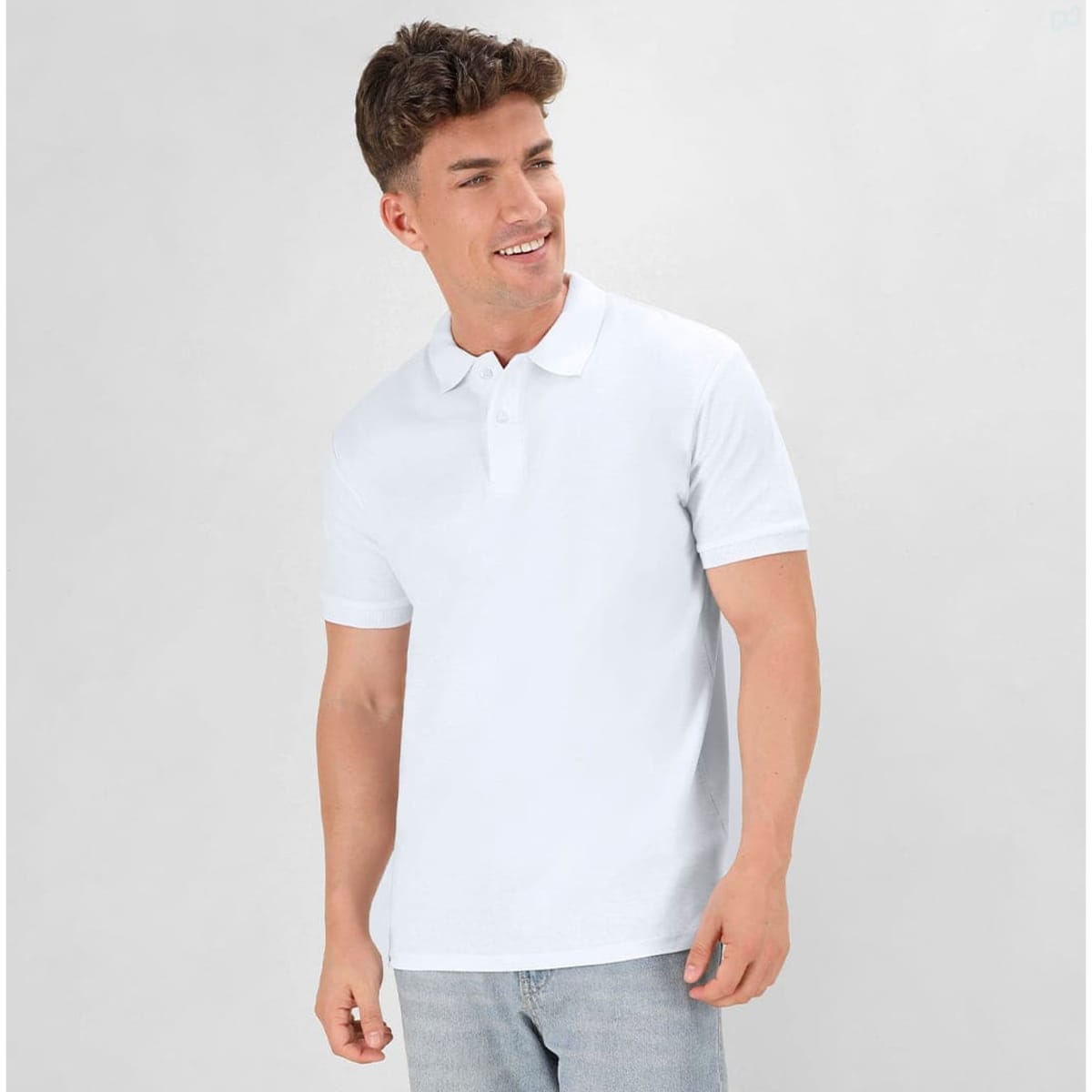 A white polo shirt is displayed on a model, featuring a collar and short sleeves. The shirt has a branded logo.