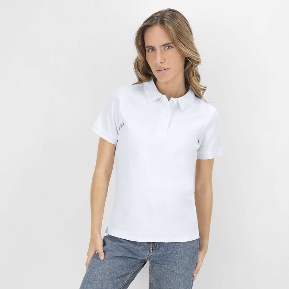 A light blue polo shirt displayed on a model, featuring a collar and short sleeves. The shirt has a logo.