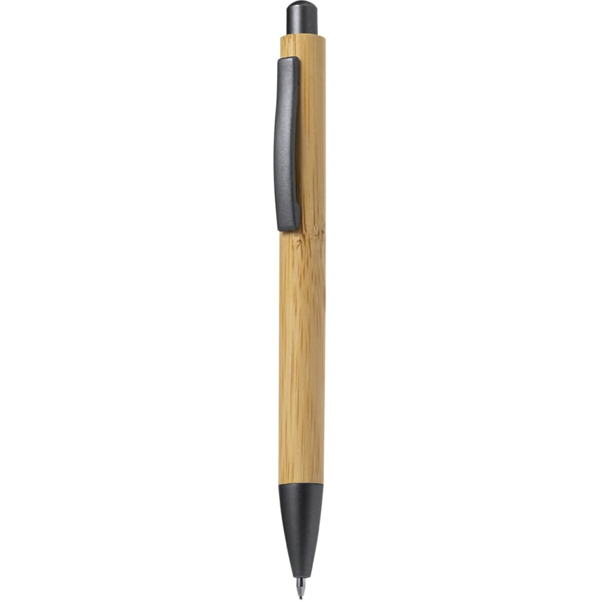 A bamboo pen in a natural finish with a black clip and tip, featuring a simple design and sleek appearance.