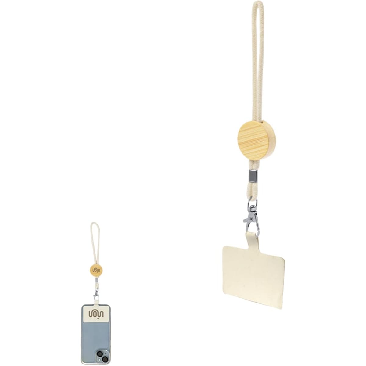 A wooden phone strap featuring a metal attachment with a small shovel design. The strap is beige in colour.