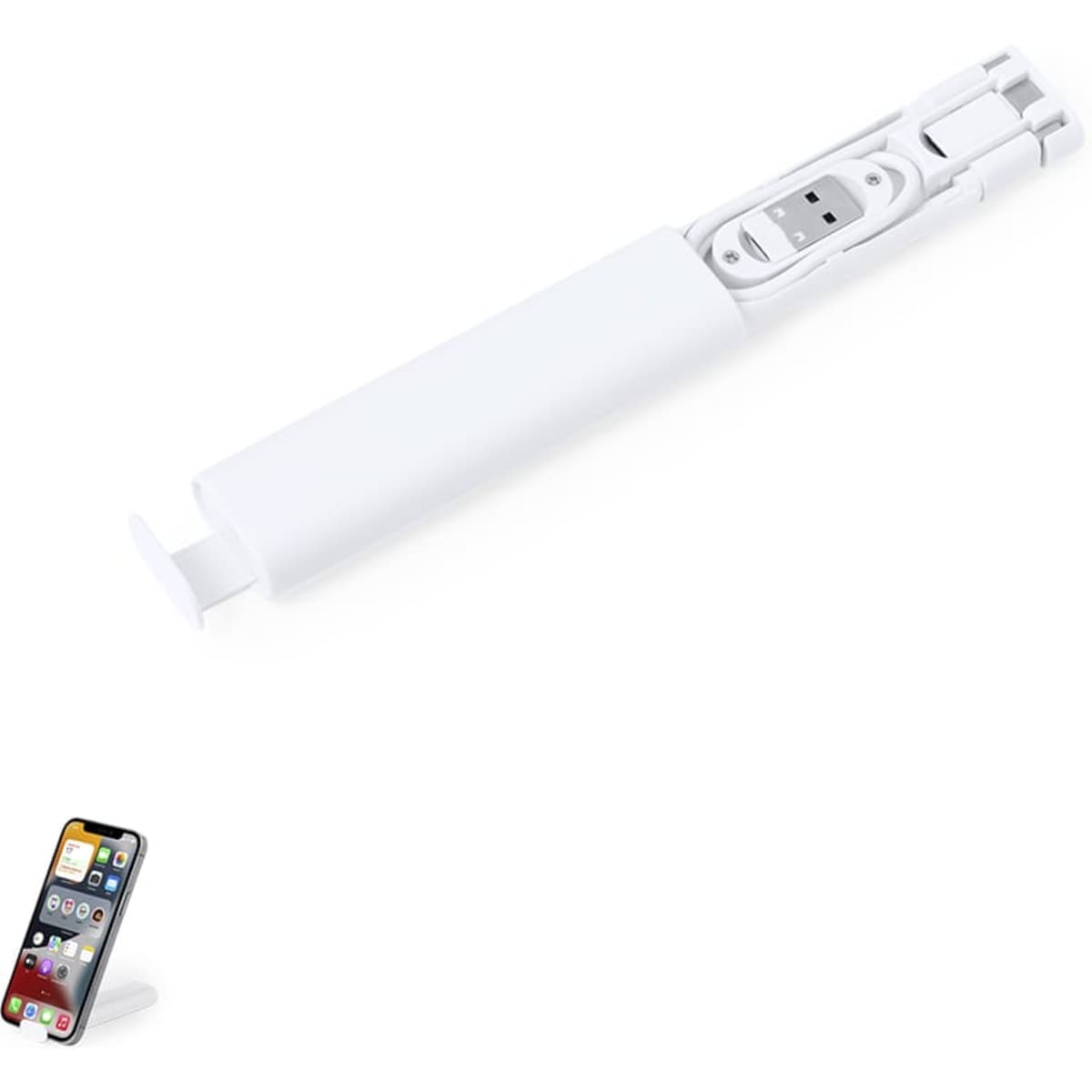 A white charging cable neatly contained in a compact holder, designed for phone and technology use.
