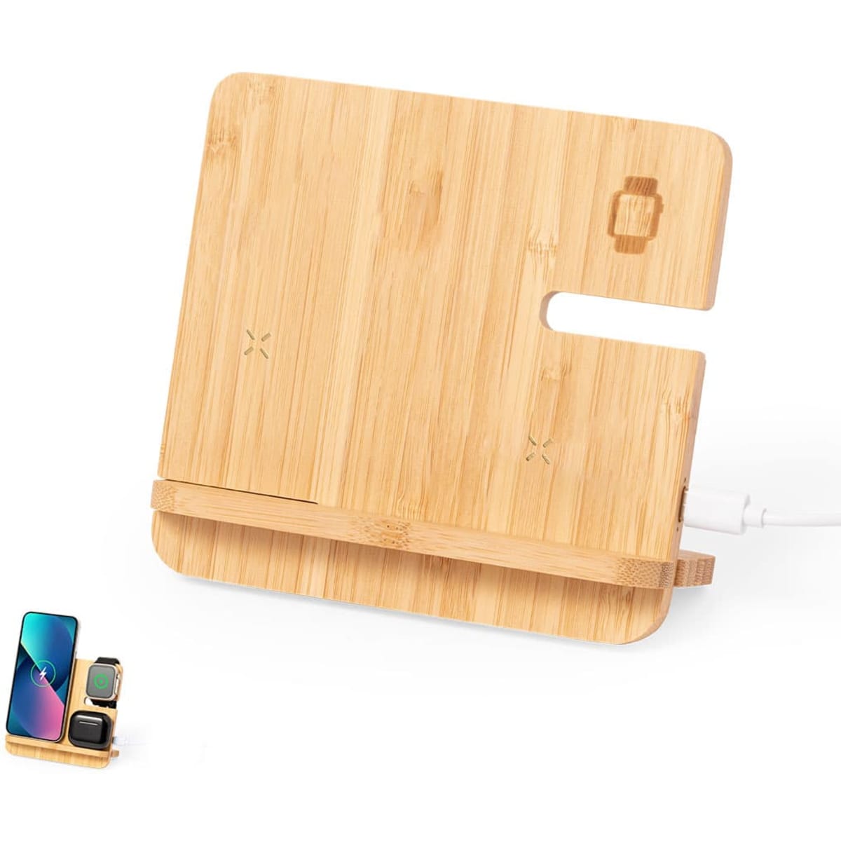 A wireless charger made of bamboo, featuring a sleek design with space for a phone and smartwatch.
