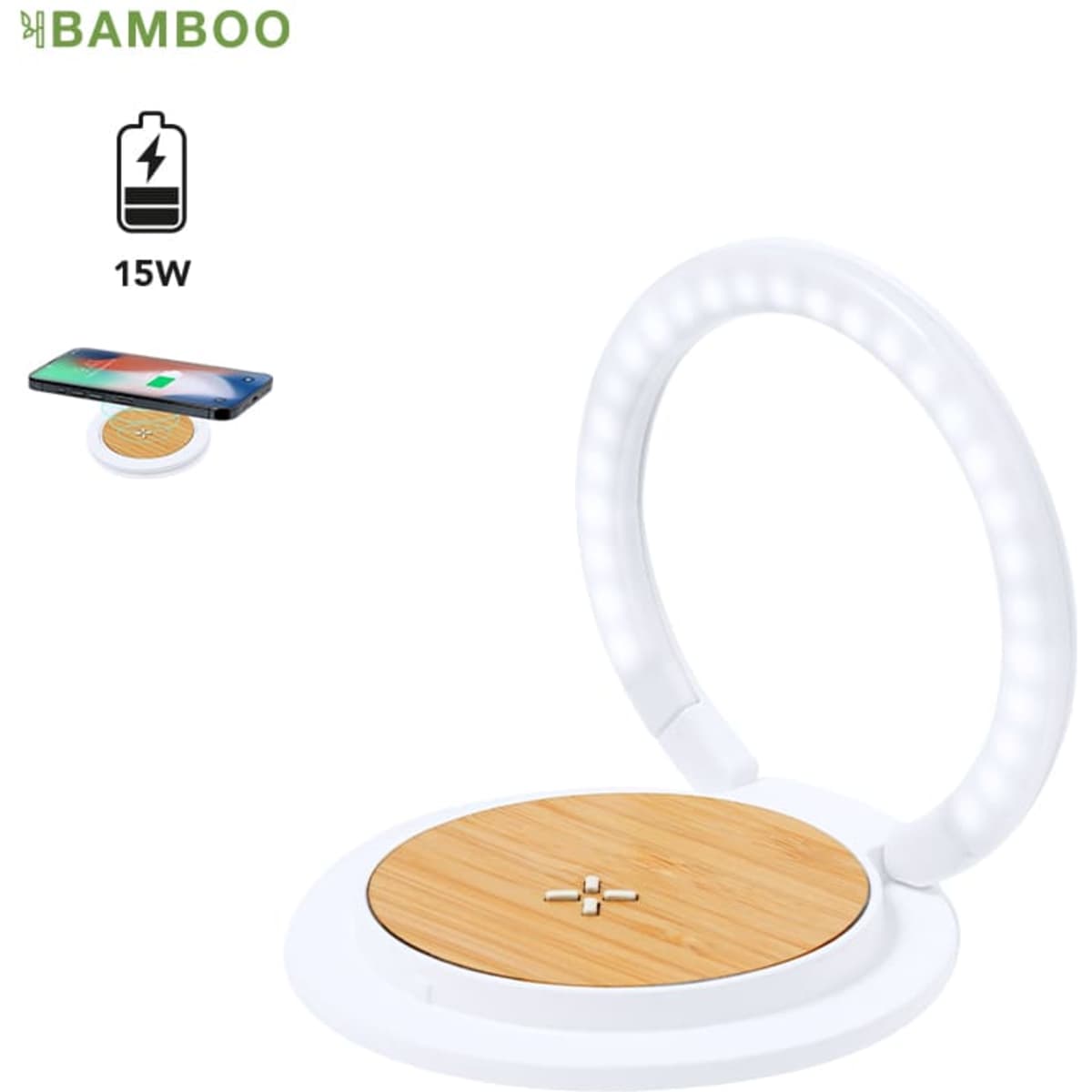 A multifunction wireless charger and lamp featuring a bamboo base and a white circular light ring.