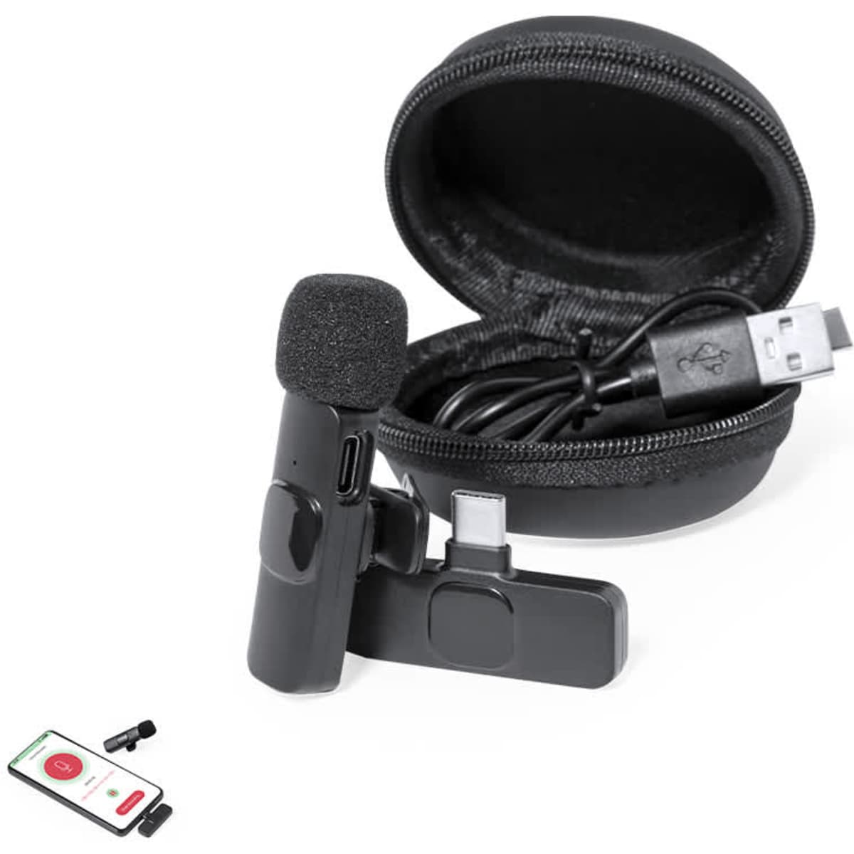 A black microphone set with a carry case, USB cable, and a remote control, designed for audio recording.