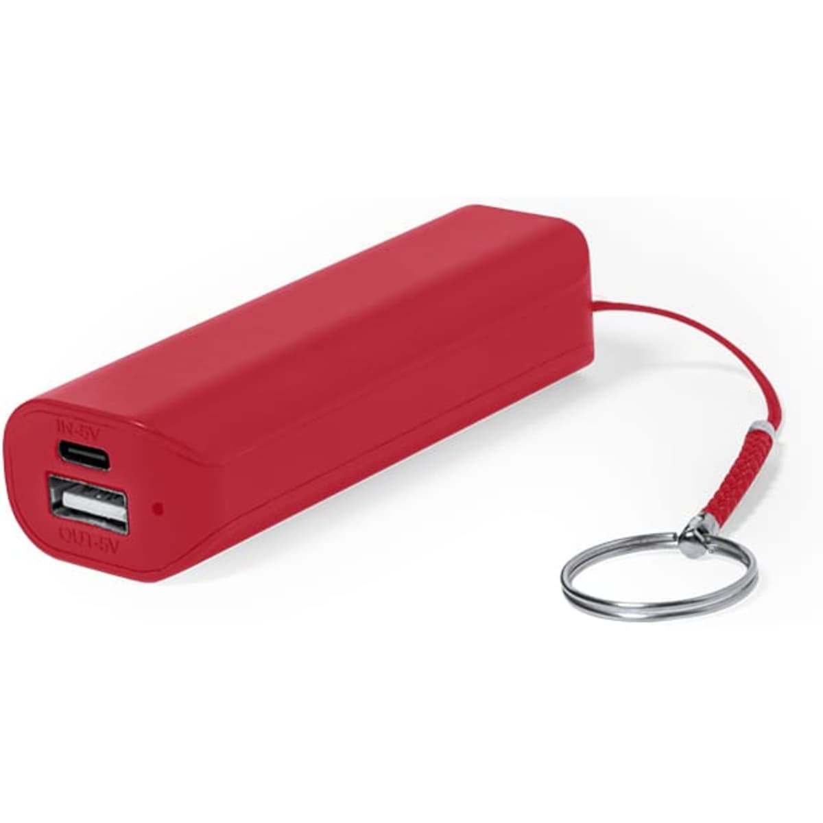 A red power bank with a keyring attachment, featuring a USB and USB-C port. It has a logo on the side.