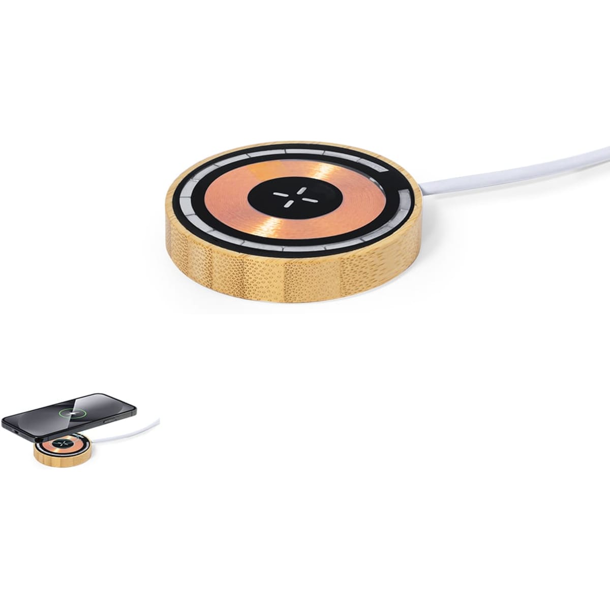 A wireless charger with a gold and black circular design, featuring a textured surface and a connecting cable.