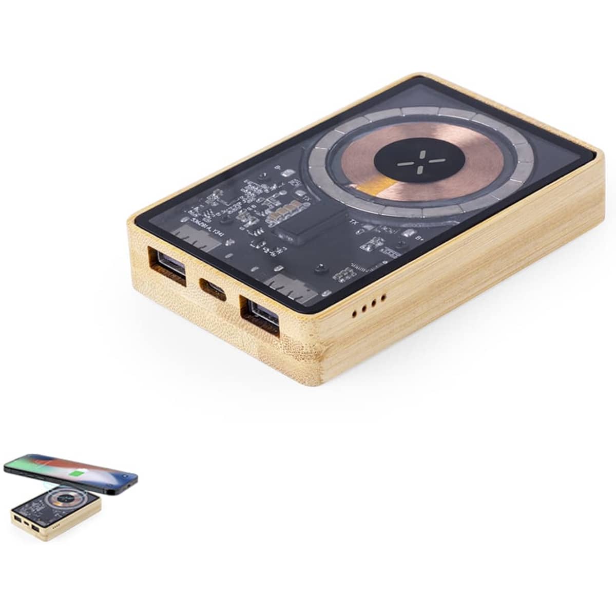 A power bank featuring a wooden exterior with a sleek design, multiple USB ports, and a logo.