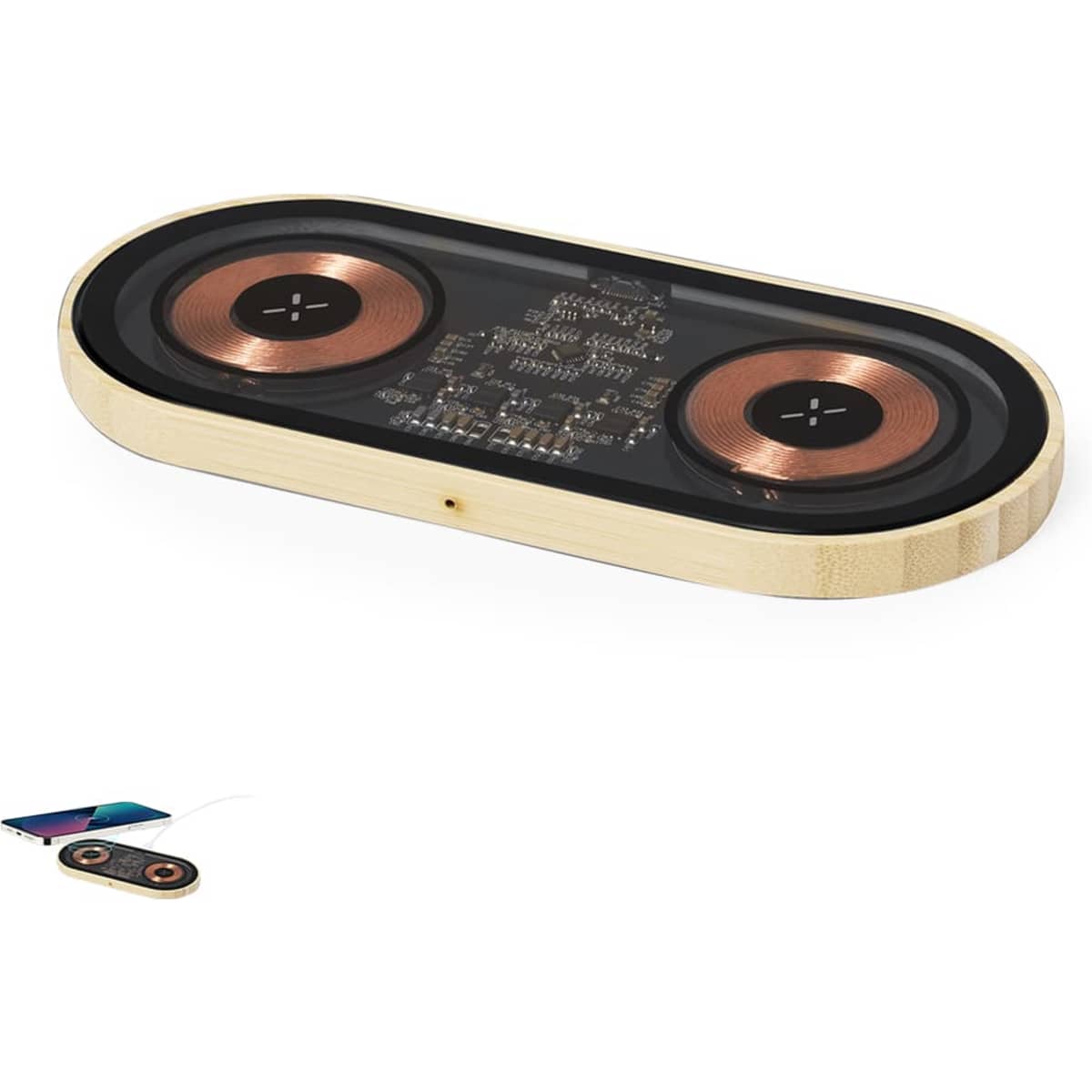 A wireless charger with a wooden frame, two circular charging pads, and a sleek black top.