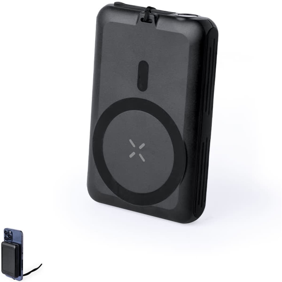 A black power bank with a circular logo, featuring a slim design and a wireless charging surface.