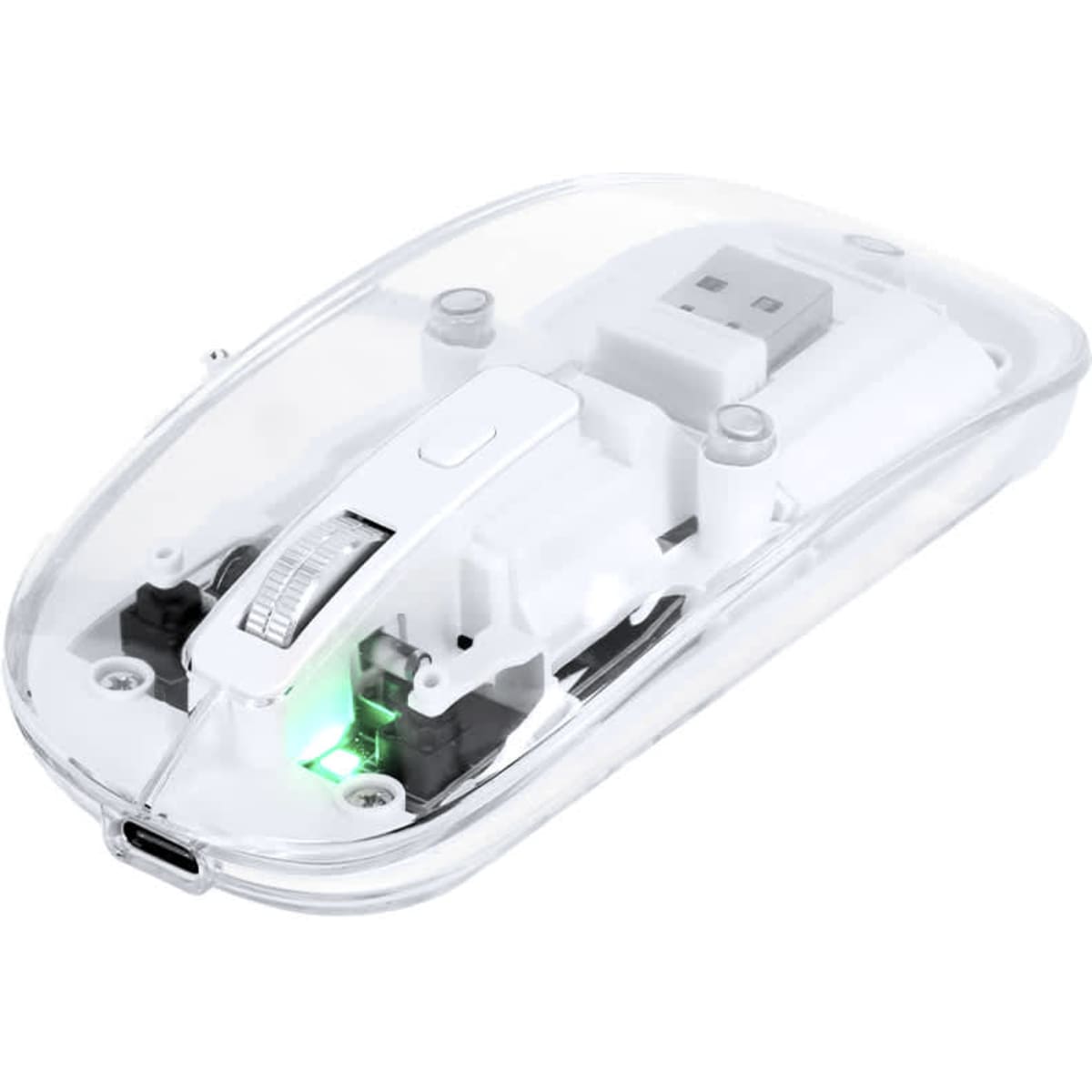 A transparent wireless mouse with white components and a green indicator light. It features a USB port for connection.