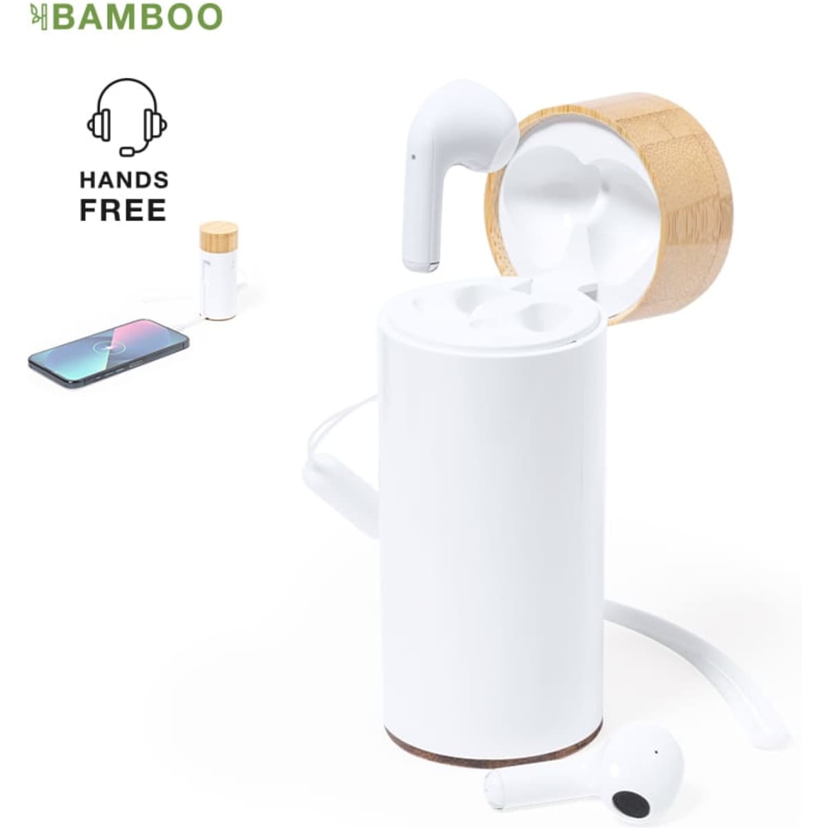 White earbuds with a bamboo charging case, featuring a logo, alongside a smartphone illustration.