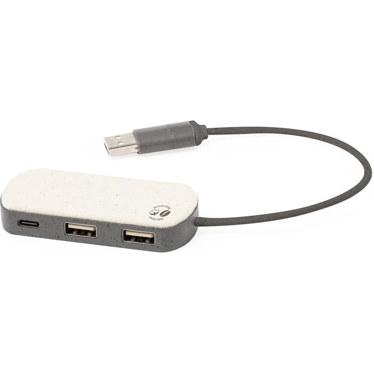 A beige and grey Nylox USB hub with one USB-C and two USB-A ports, featuring a connected cable.