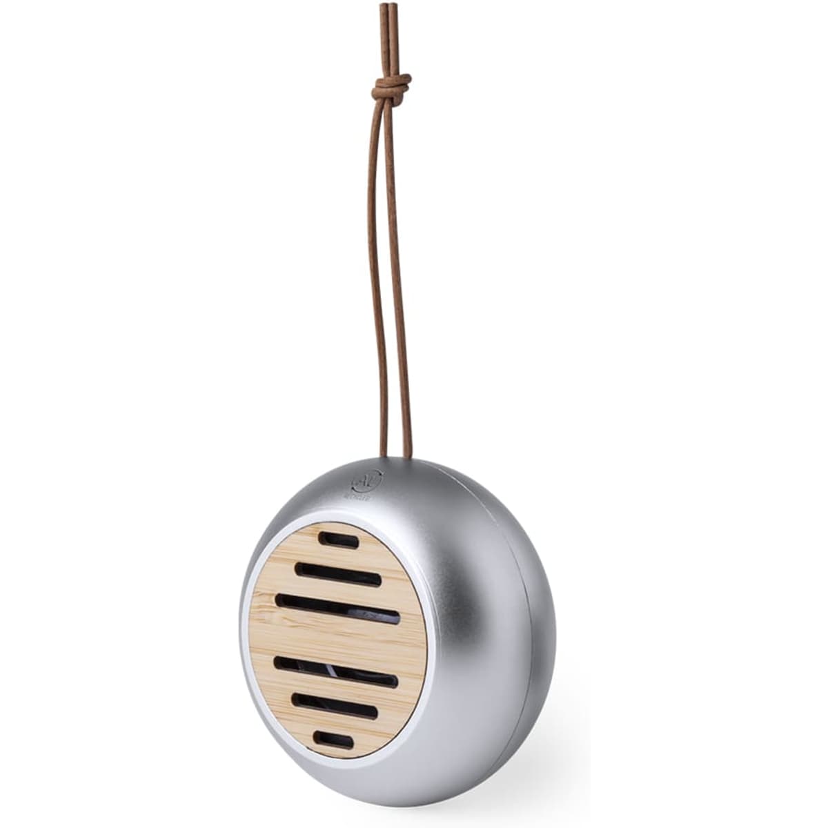 A round silver Bluetooth speaker with a wooden panel, featuring a hanging strap for easy portability.