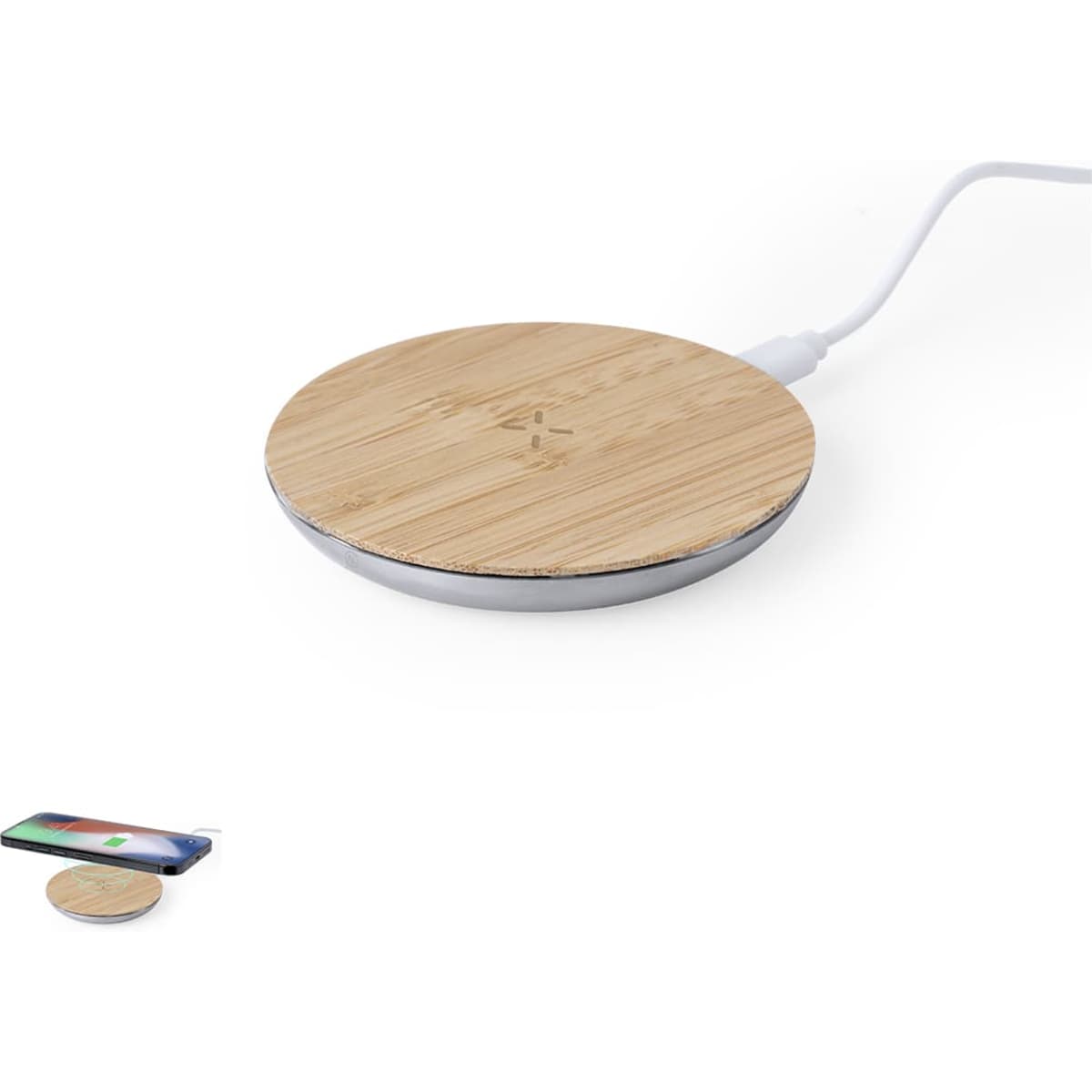 A wireless charger with a round bamboo surface and a silver base, connected by a white cable.
