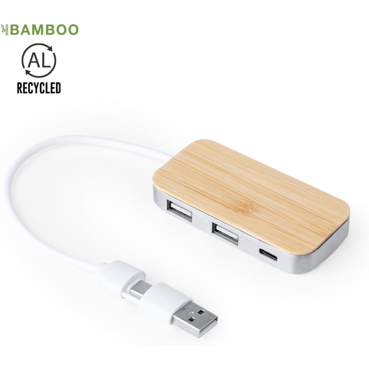 A bamboo USB hub with a silver base, featuring multiple ports and a white cable attached.