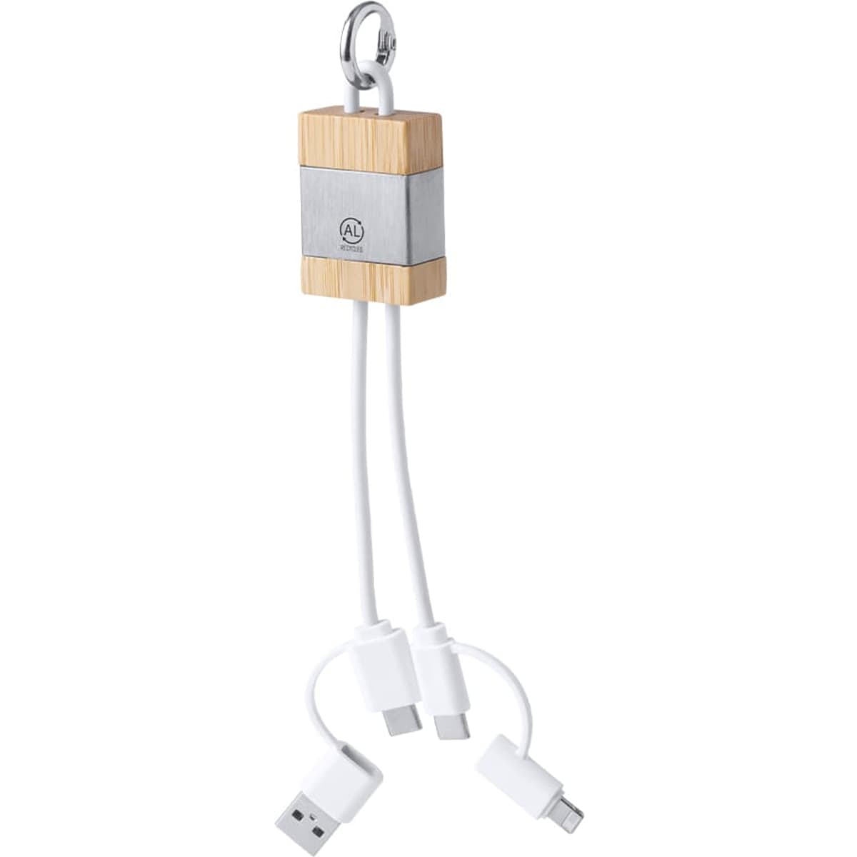 A charging cable featuring a wooden and silver design with three connectors: USB, Micro USB, and USB-C.