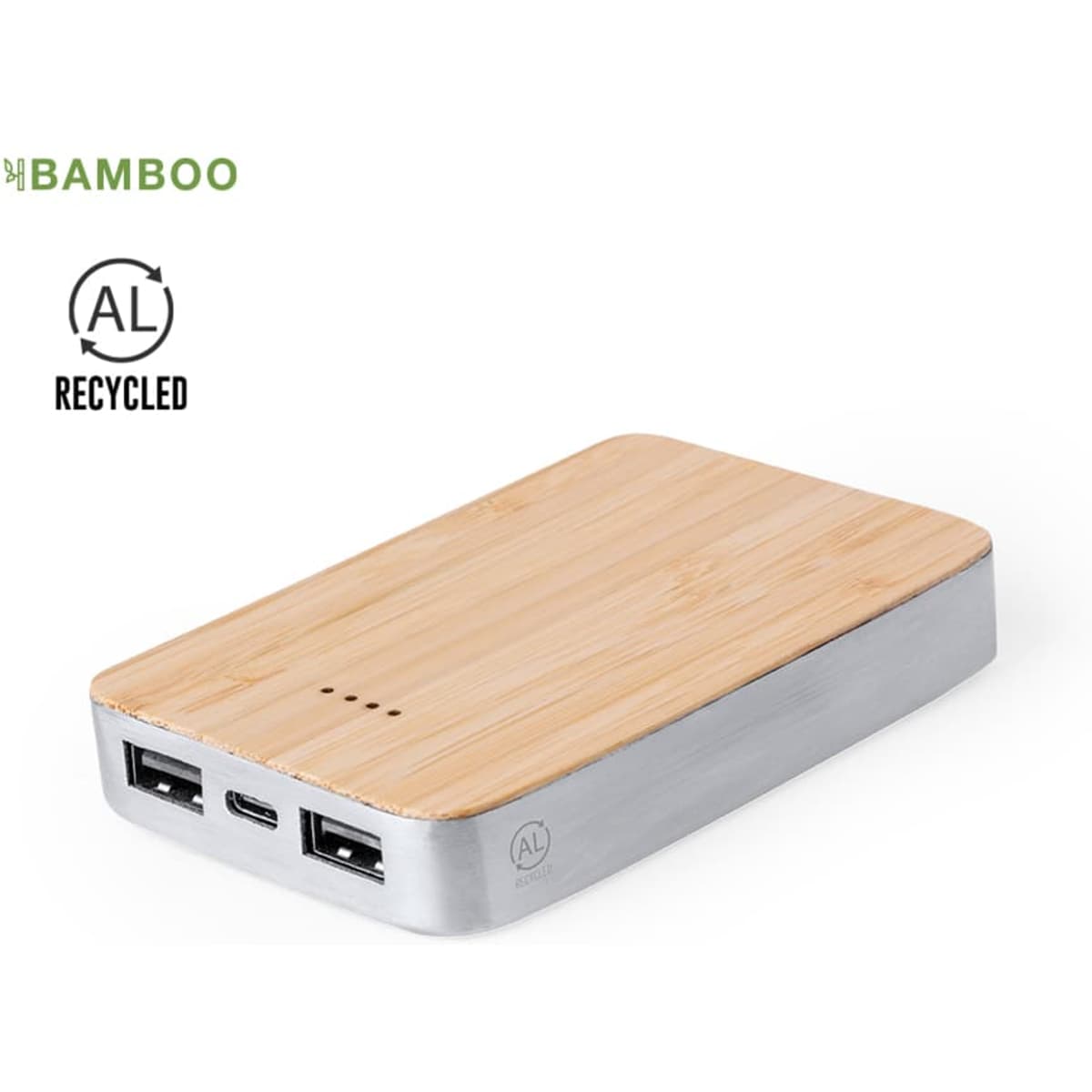 A rectangular power bank with a bamboo top and silver metal base, featuring two USB ports and a logo.
