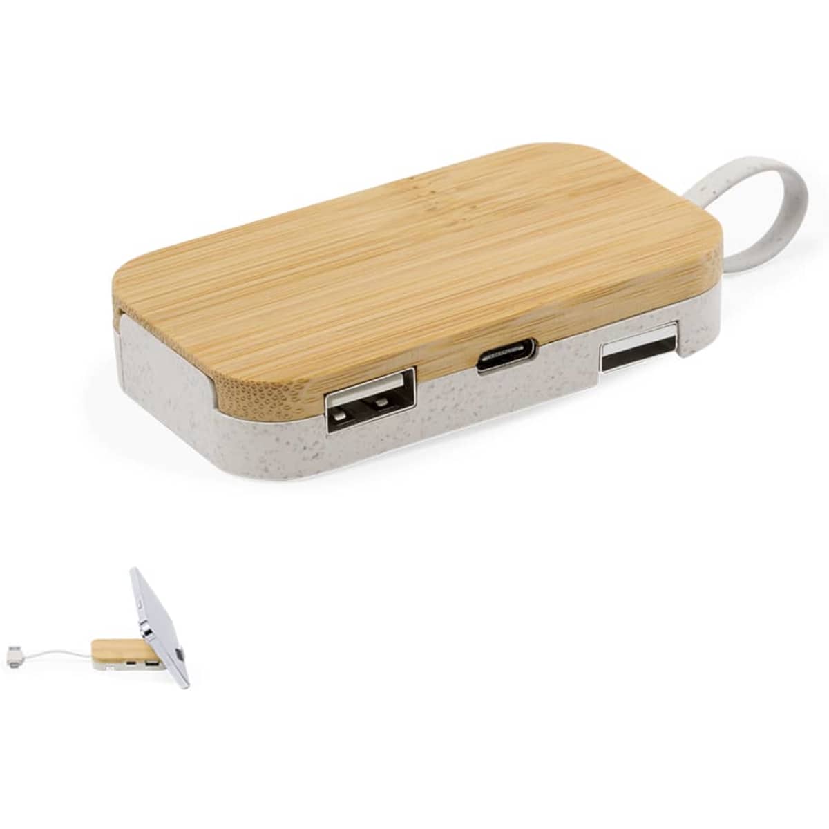 A USB hub featuring a bamboo top and a grey base, with multiple ports and a loop for attaching.